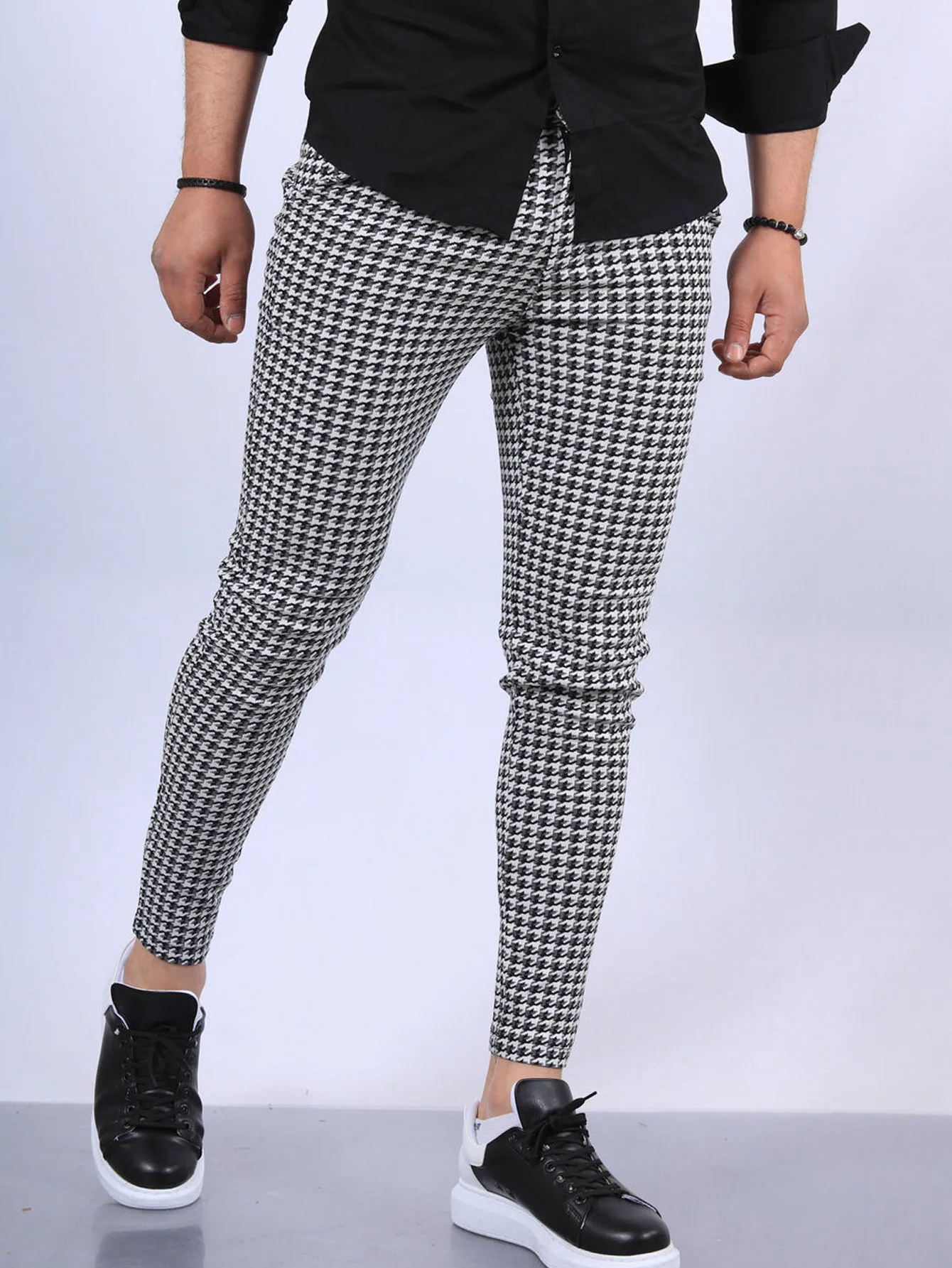 Clothing Mens Black And White Checked Trousers Black And White