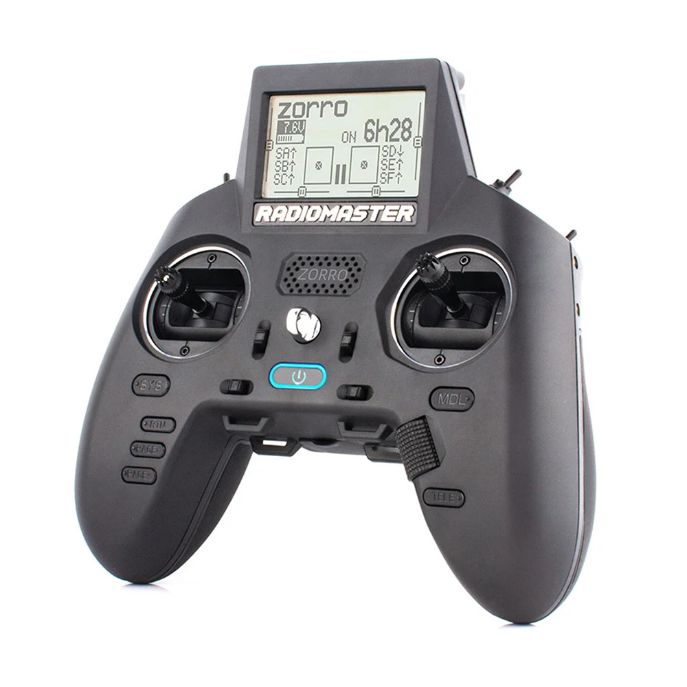 Radiocommande RC CC2500 ELRS 4-en-1 pour simulateur de vol, vue de côté montrant les sticks et interrupteurs