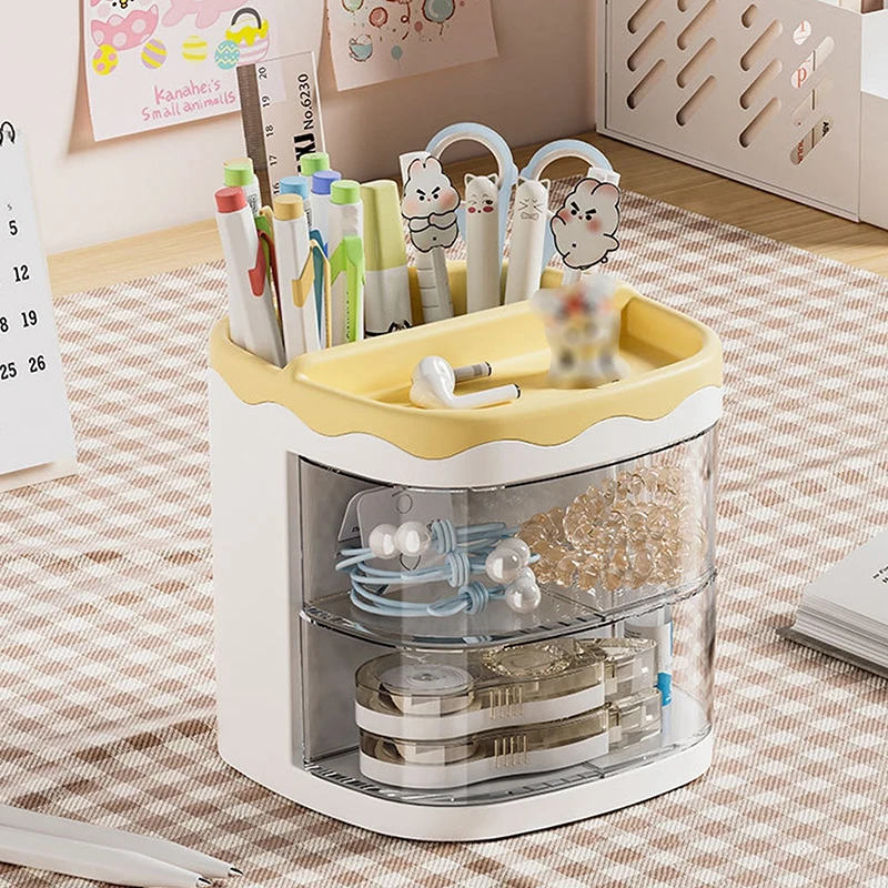 Practical Multi-Functional Desk Organizer Pen Holder Double Layers Rotating Pencils Storage Rack Student Cosmetics Storage Shelf pen holder desk organizer pen and brush holder desk storage rack