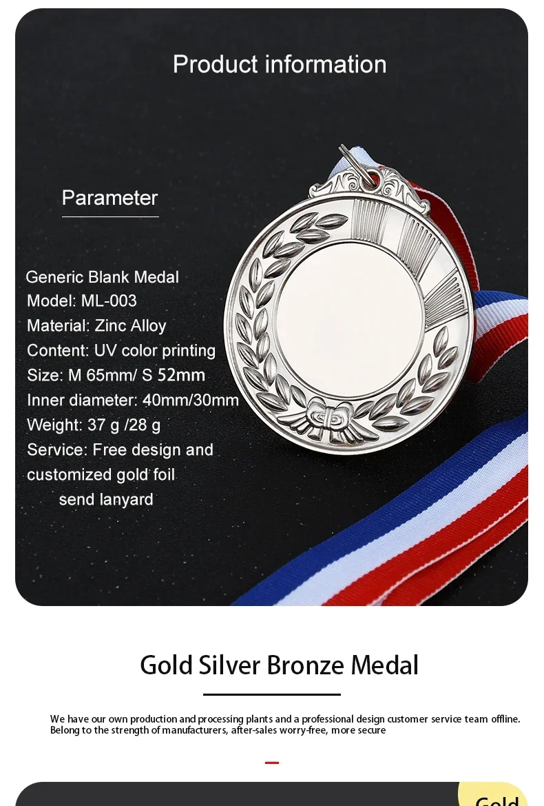Description Picture 4 of item65MM Metal Medals Award Sports Game Competition Winner Medal Souvenirs Free Color Printed or Engraved Personalized Customized