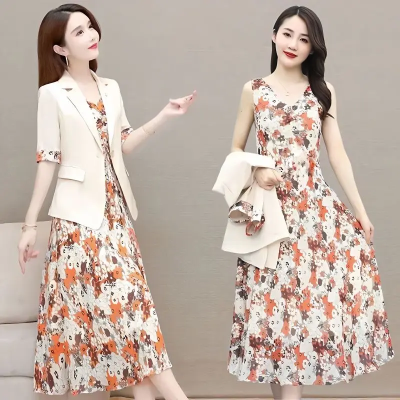 

Summer Casual Floral Dress Set for Women 2-piece Set Korean Thin Half Sleeved Suit Jacket+sleeveless Chiffon Vest Dress Set L30