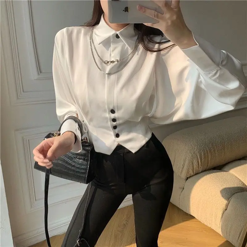 

QWEEK White Crop Top Women Vintage Elegant Blouses Button Up Chiffon Shirt Korean Fashion Long Puff Sleeve Spring Autumn Clothes