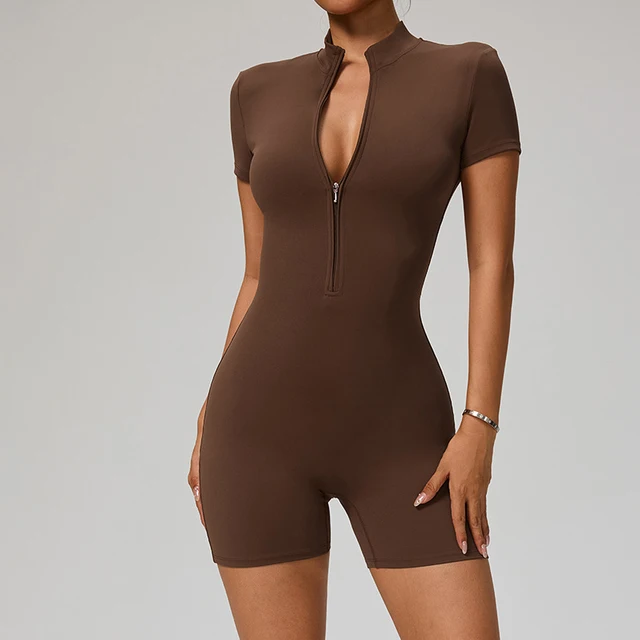 TRY TO BN Sports Jumpsuit Zipper Short Sleeves Yoga Sportswear Fitness Workout Bodysuit One Piece Suits Tights Gym Woman Clothes