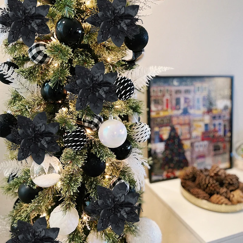 WUBAYI 12 fiori decorativi per albero di Natale con 12 steli e clip, fiori di stella di Natale artificiali glitterati per albero di Natale, matrimonio, Capodanno, ghirlanda di Natale(dorato