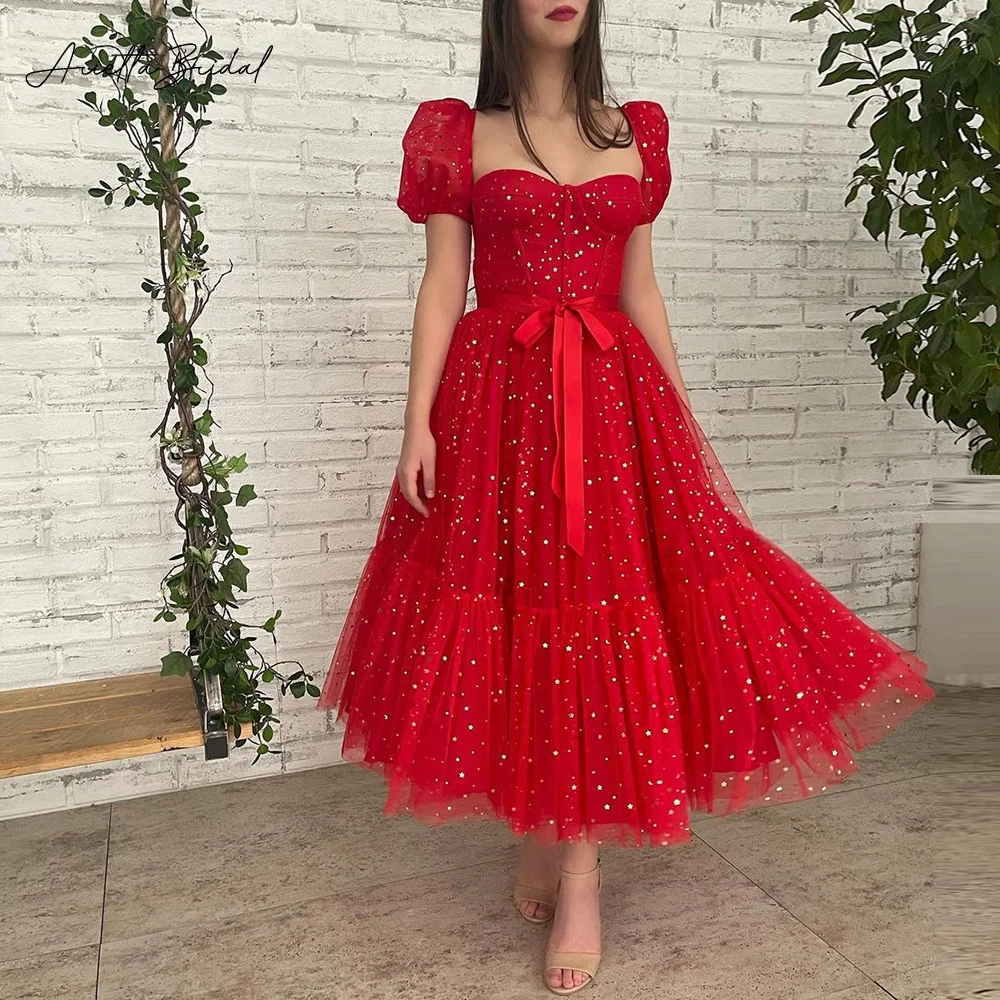 

Arietta Sparkly Red Starry Tulle Midi Prom Dresses Sweetheart Short Sleeves Tea-Length A-Line Party Gowns Formal Evening Dresses