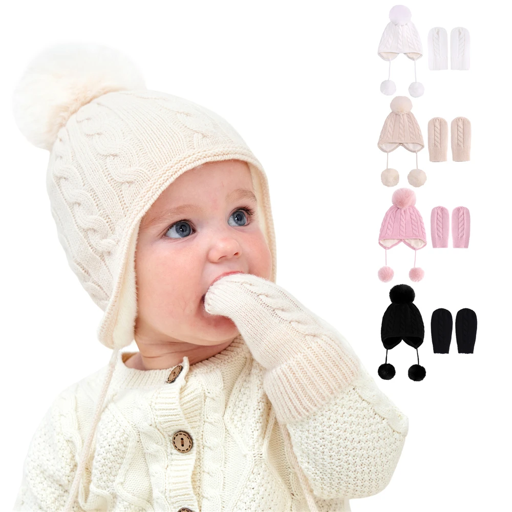 

Hairball Baby Hats Gloves Set Winter Knitted Pompom Kids Hat Soft Thickened Gloves For Girls Boys Casual Solid Color Beanies Cap