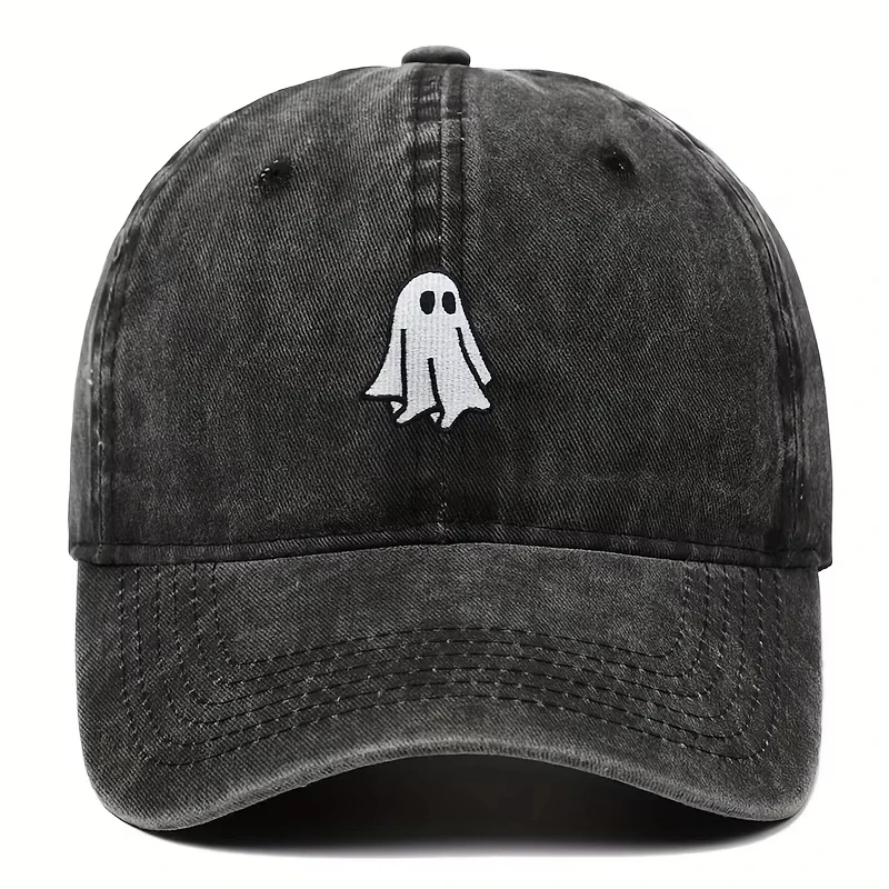 Vintage Washed Black Baseball Cap Cute Ghost Print Adjustable Dad Hat for Halloween Fans Casual Streetwear
