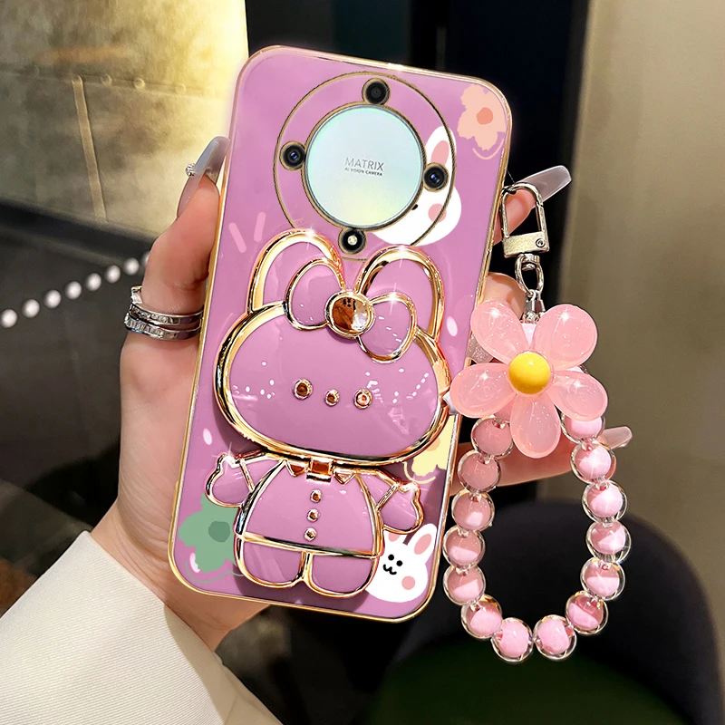 Elegant Floral Rabbit Mirror Phone Holder Case