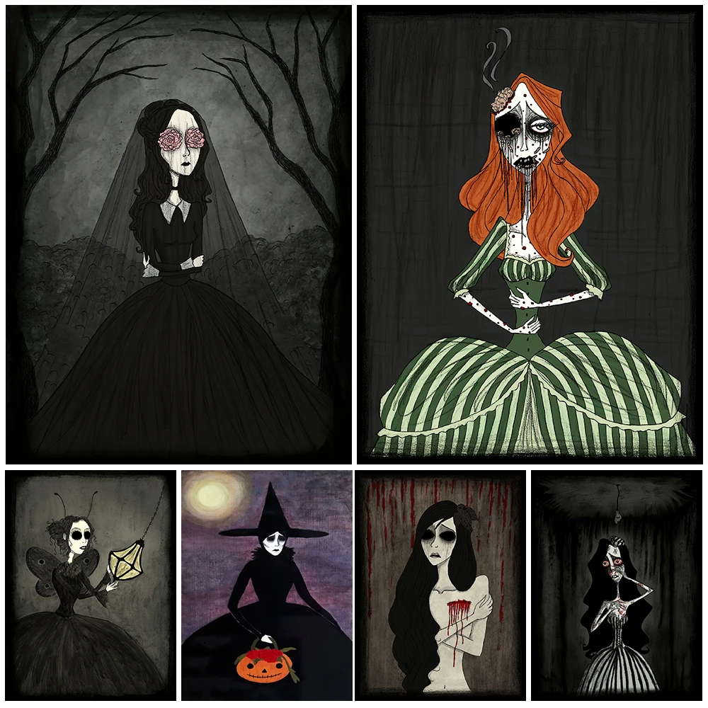 

Gothic Black Horror Girl Art Vintage Poster And Print Ghost With Lost Heart Retro Wall Art Canvas Painting For Living Room decor