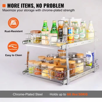 VEVOR Heavy Duty 2-Tier Slide-Out Cabinet Organizer, Chrome-Plated Steel Pantry Shelves with Roll-Out Drawers for Kitchen Storag 4