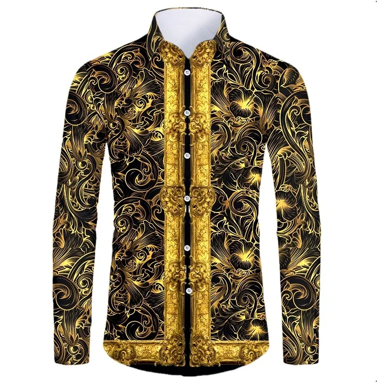 thumbnail image 1 of Camisas de manga corta con botones y estampado 3D de lujo de alta gama con patrón dorado para hombres, blusas de estilo callejero de moda, atuendos de hip hop, 1 of 4