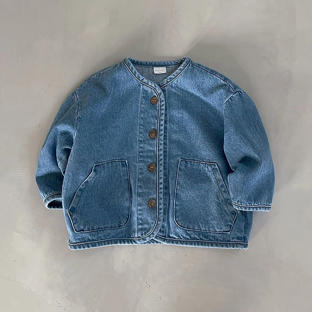 

2023 New Children Denim Jacket Korean Boys Girls' O-Neck Single-breasted Coat Casual Fashion Windproof Cardigan Tops