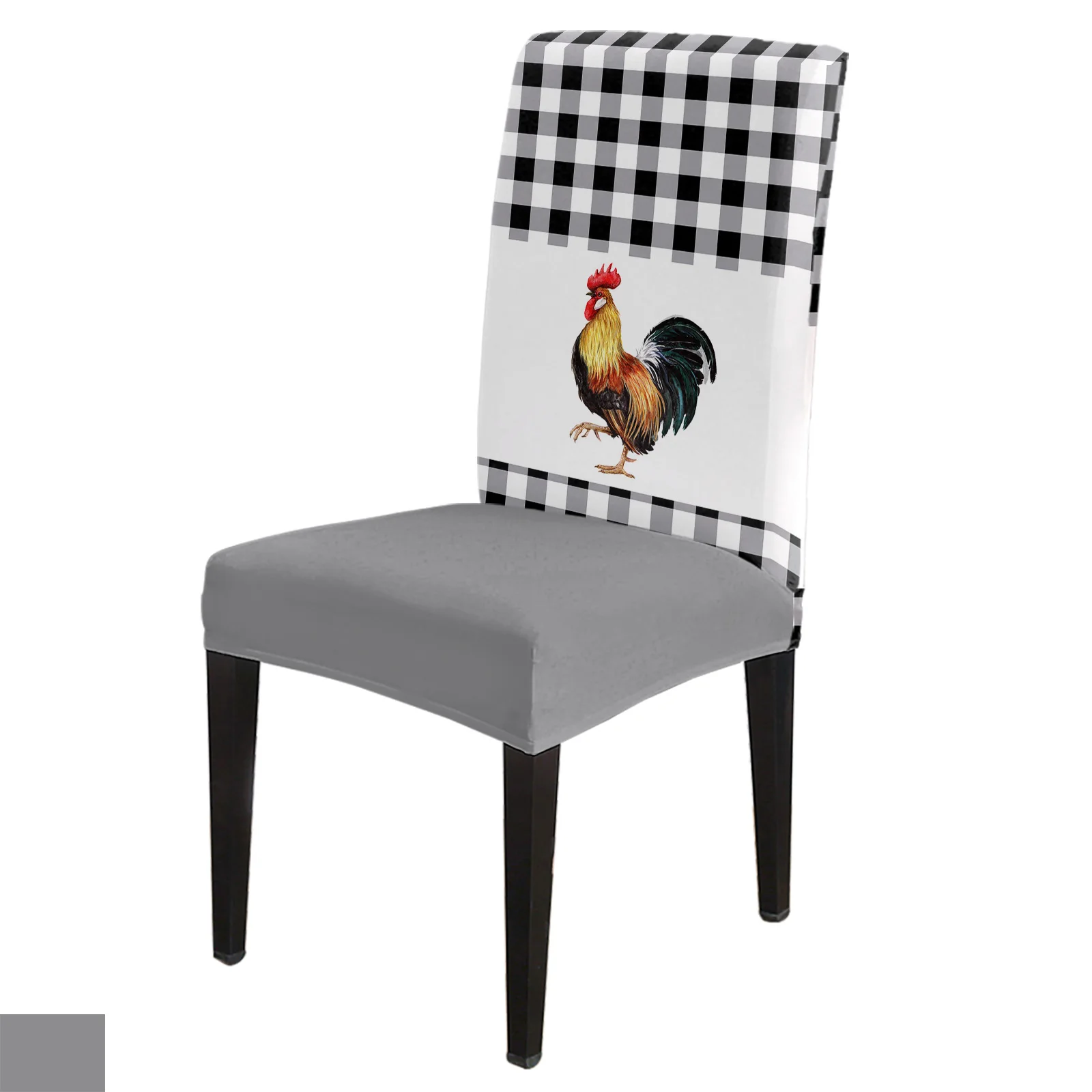

Farm Rooster Black And White Plaid Dining Chair Covers Spandex Stretch Seat Cover for Wedding Kitchen Banquet Party Seat Case