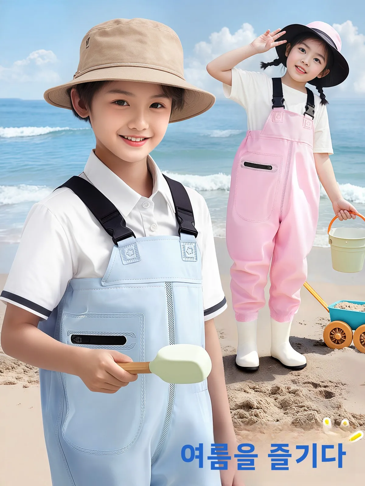 어린이 방수 작업복 물놀이복 부츠커버 레인코트 바지 해산물 수확 장비 일체형..