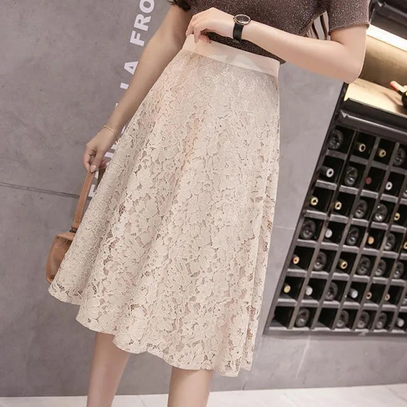 Elegant Solid Fashion Hollow Out Lace Skirt Korean All-match Elastic High Waist Simplicity A-Line Skirts Summer Women's Clothing