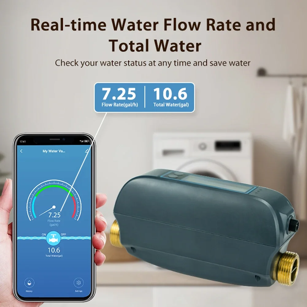 Tuya WiFi Intelligent Watervalve Dual-Band Flowrate Meter APP Control Efficient Home Water Management Device for Voice Control