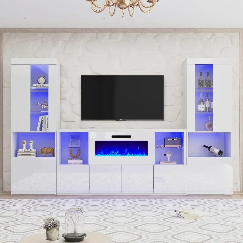Description Picture 2 of item3 Piece Modern High Gloss Fireplace TV Stand + Bookcase Set Includes 68" TV Stand with 40" Fireplace, 2 X Bookcase w/ Doors