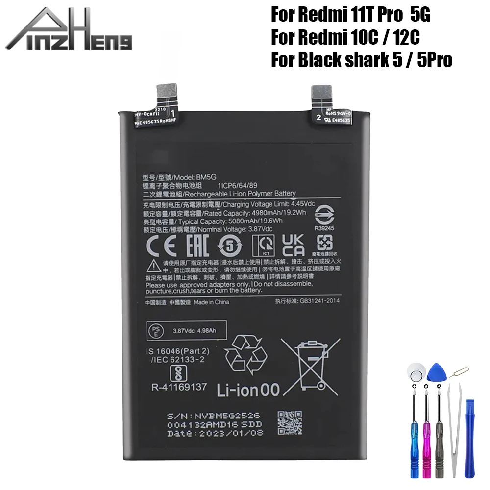 

PINZHENG Battery For Xiaomi Redmi Note 11T Pro 5G 10C 12C Replacement Battery For Black Shark 5 5Pro BM5G BN5G BN5K BS10FA Tools