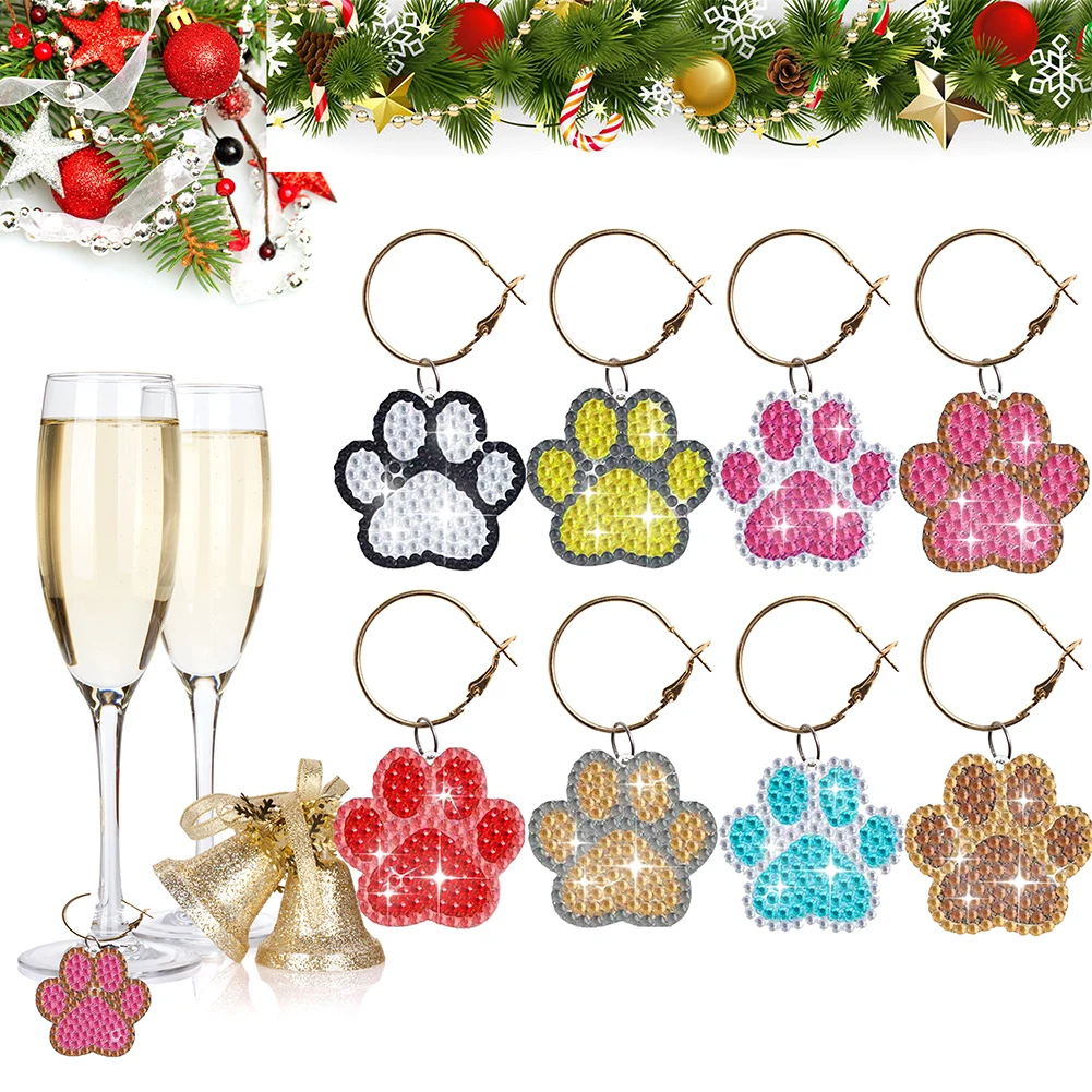 8PCS Diamond Painting Art Pendant Dog Paw Diamond Wine Glass Charms Flower Expression Diamond Art Crafts Supplies for Beginners