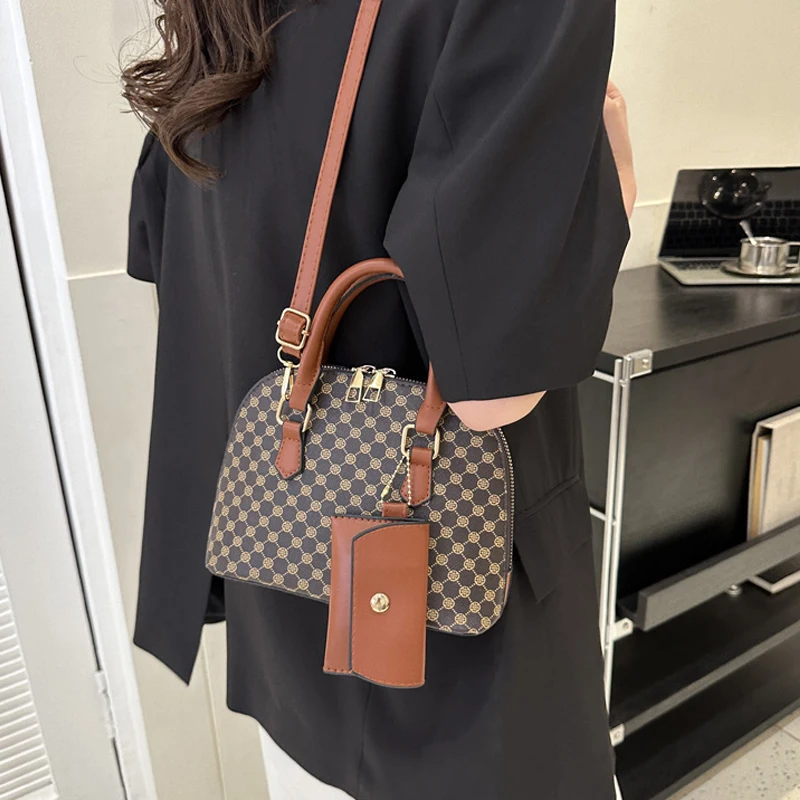 Luxury Shell Bag Fashion Women's Handbag Korean Style Shoulder Bag Plaid Print Crossbody Bag Shell Shape Wallet Card Bag