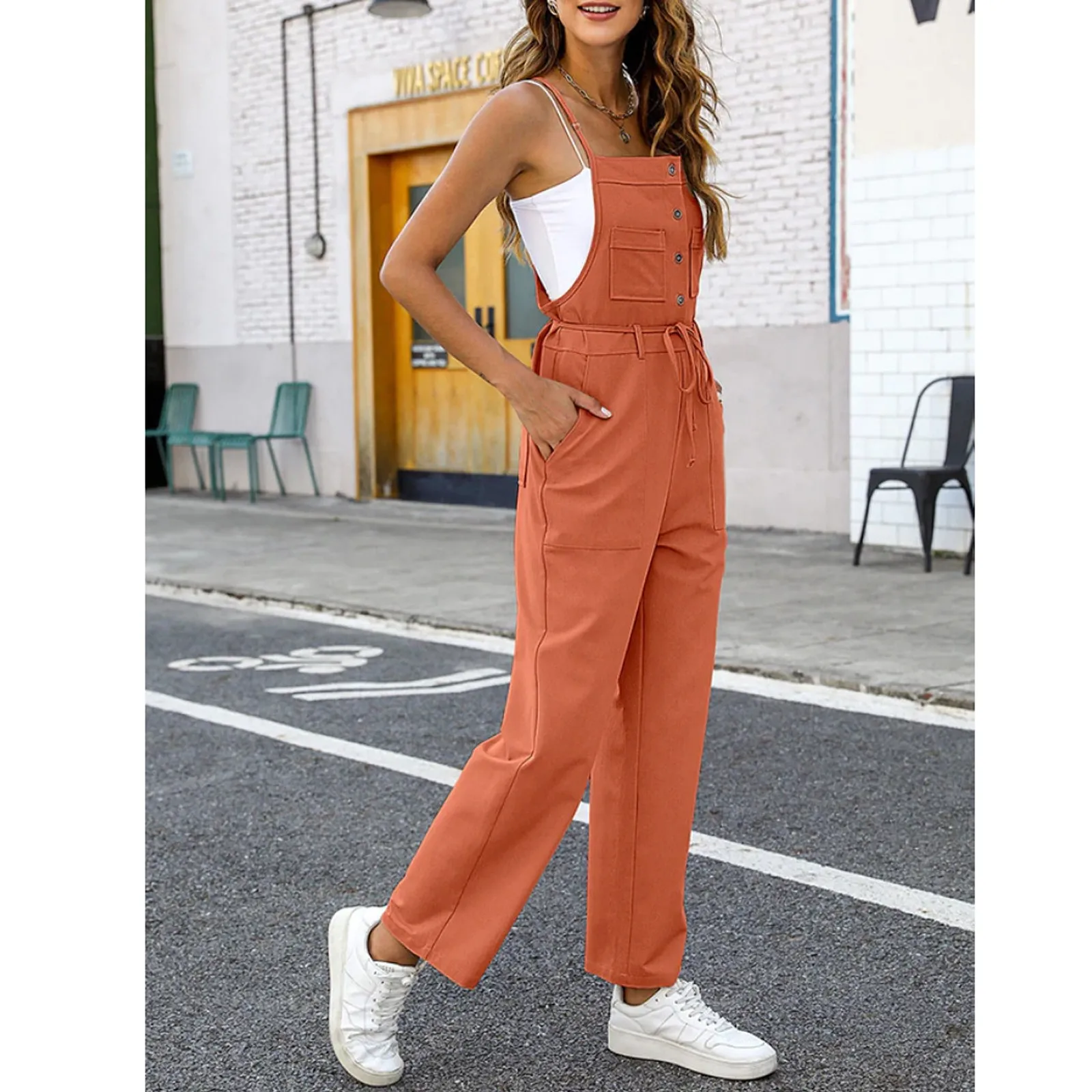 

Womens Sling Jumpsuits With Pockets Simple Solid Color Sleeveless Button Jumpsuits Daily Casual Cargo Style Straight Rompers