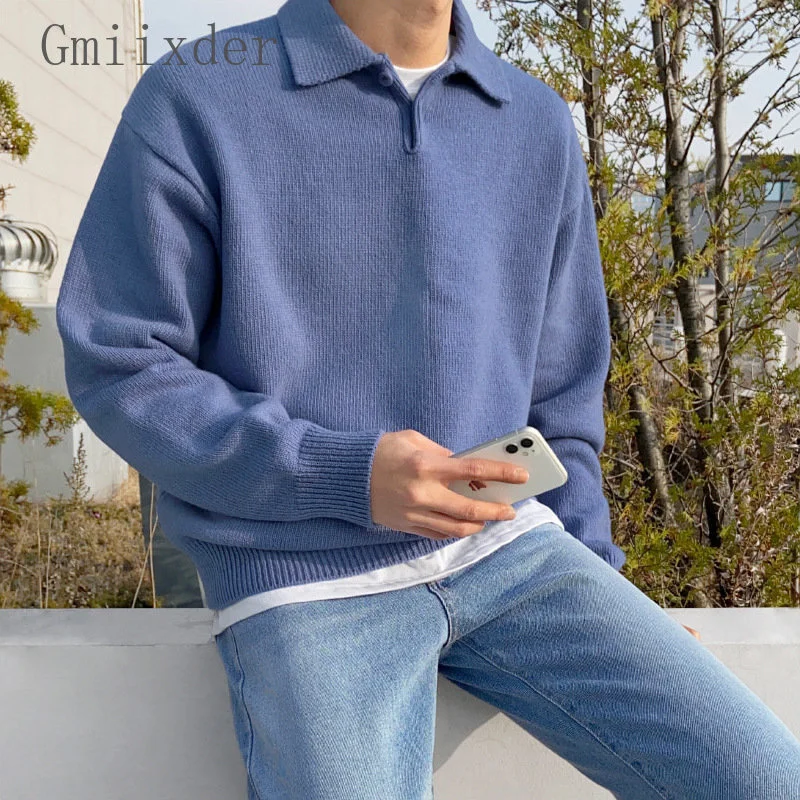 

Мужской вязаный свитер с отложным воротником, Свободный пуловер с отложным воротником, Осень-зима 2023