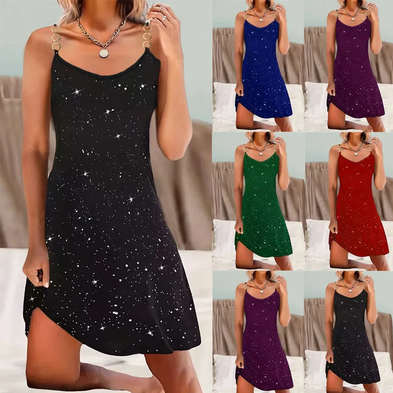

2024 Summer Women Hot Drill Sequin Slip Dress Multicolor Slim Off Shoulder Sleeveless Comfortable Fashion Affordable Sexy Dress
