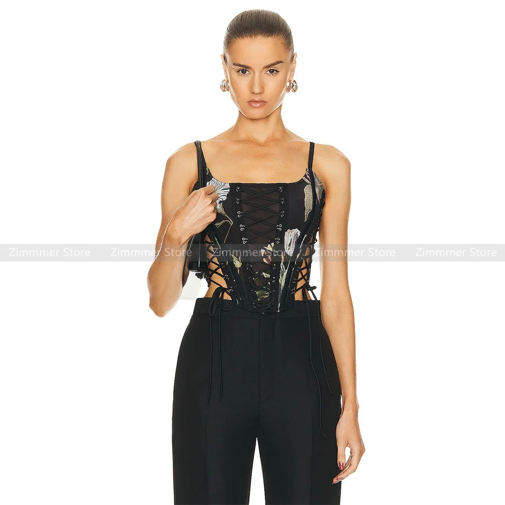 

Women's 23 Autumn and winter new clash of colours printed adjustable straps herringbone waist corset short corset tank tops