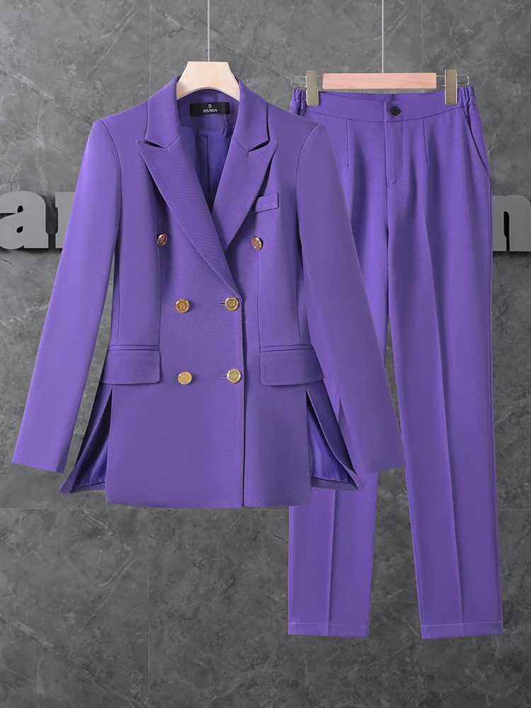 

Women Business Work Wear Pant Suit Purple Pink Khaki Orange Coffee Black Office Ladies Blazer And Trouser Formal 2 Piece Set