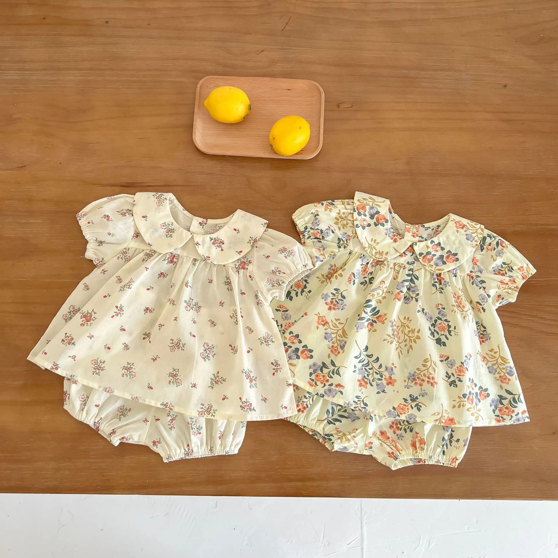 

Baby Girls Lovely Floral Short-Sleeved Tops + Bloomer Shorts(Diaper Covers) Toddler 100% Organic Cotton Outfit Sets 0-36 Months