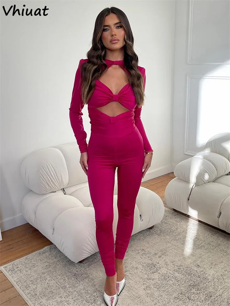 

Vhiuat Sexy Hollow Out Long Sleeve Jumpsuits Women Fashion Skinny Rompers Fitness Sportwear Slim One Piece Overalls Outfits 2024