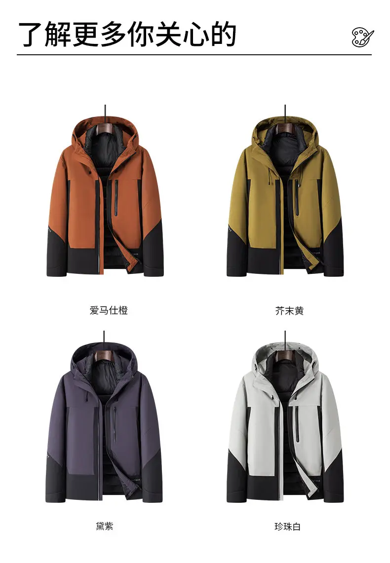 Lässige Outdoor-Jacken mit Kapuze, abnehmbar, 90 % weiße Entendaunenfutter, 2025, warmer Puffermantel für Herren, winddicht, gepolstertes Oberteil, Parka – Detail 9