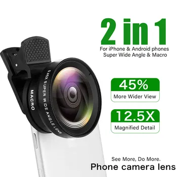 Obiettivo per cellulare a 2 funzioni: grandangolo 0.45X e macro 12.5X HD, universale per iPhone e telefoni Android
