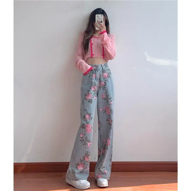 

2022 High Waist Wide Leg Jeans Women's Fashionable Print Harajuku Pants Urban Korean Streetwear Y2k Jean Large Baggy Clothes