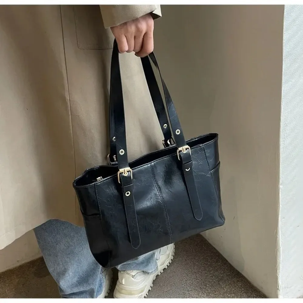 Casual Retro Frauen Schulter Taschen Große Kapazität Einfarbig Dame Tote Tasche PU Leder Handtasche Geldbörsen – Detail 16