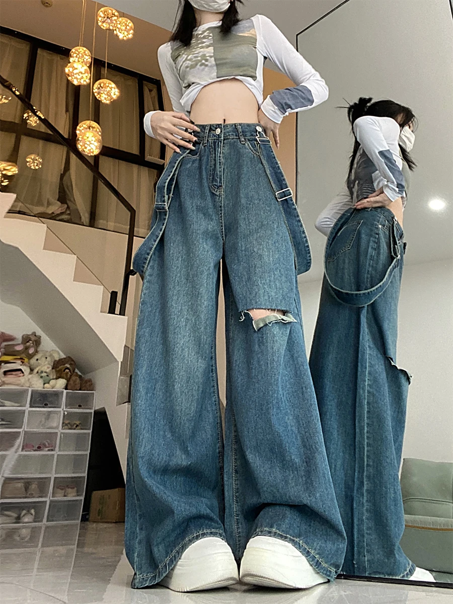 

2024 Women's Pants Wide Leg Trousers Retro Loose Slim High Waist Washed Wide Leg Jeans New Spring Autumn Femlae Style G147