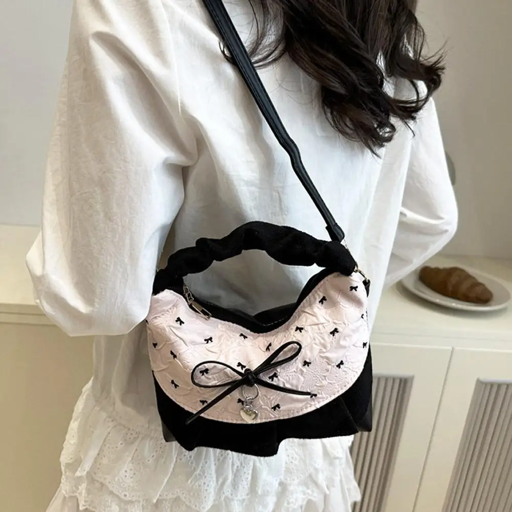 Bow Lace Splicing Dumpling Handbag Grid French Underarm pouch Tote bag Single-shoulder crossbody bag Daily commuting bag
