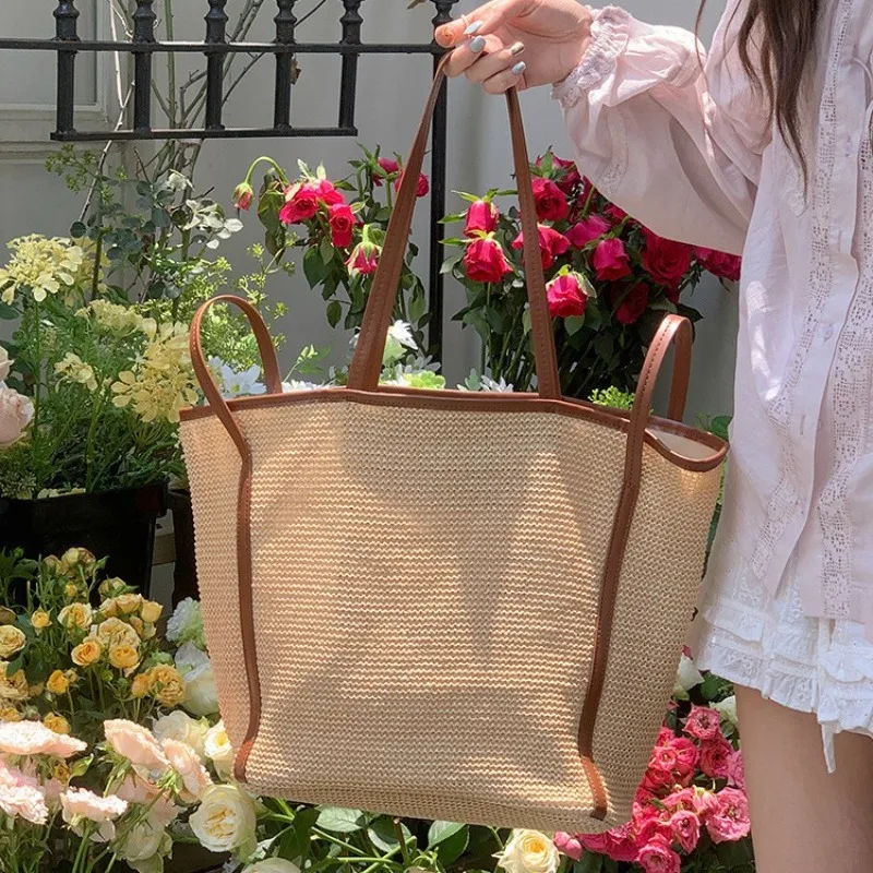 Large Capacity Straw Knitting Tote Bag Women Handmade Ethnic Style Casual Beach Shoulder Handbag 2025 Designer Hollow out