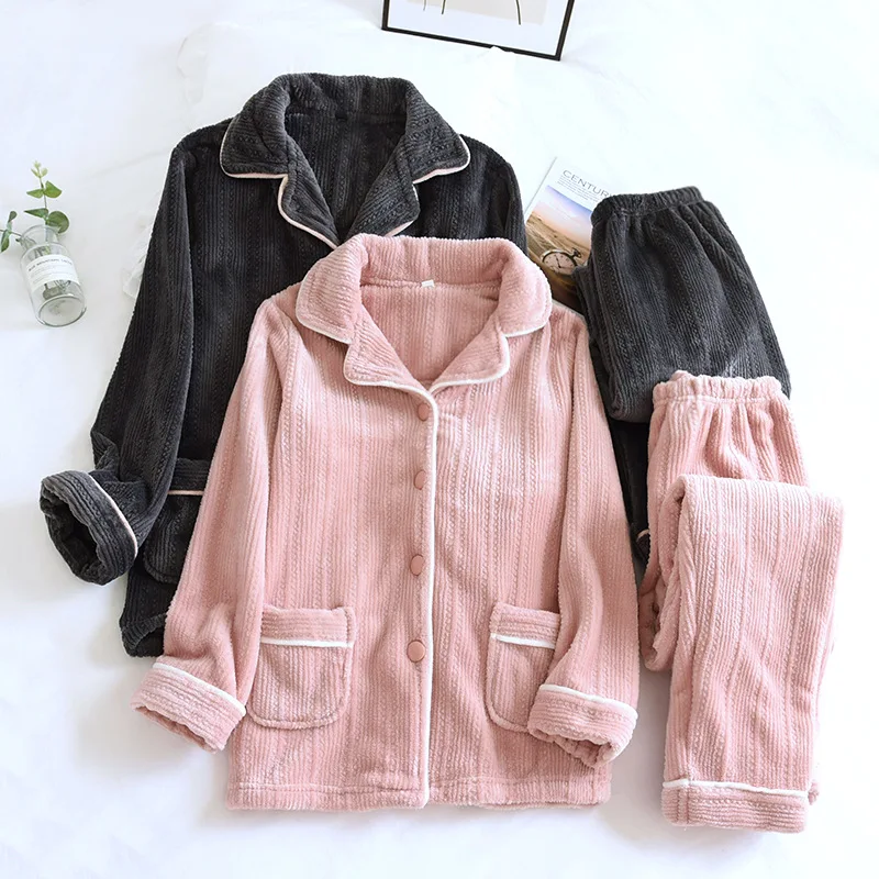 

New Lovers Homewear Soft Warm Pijama 2021 New Couples Pajamas Sets Women Men Warm Winter Thicken Pink Pyjamas Sleepwear