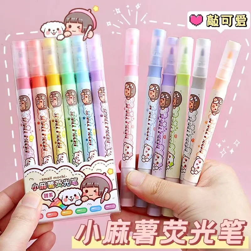 Small mochi double head highlighter pen marker Light eye protection Korean stationery