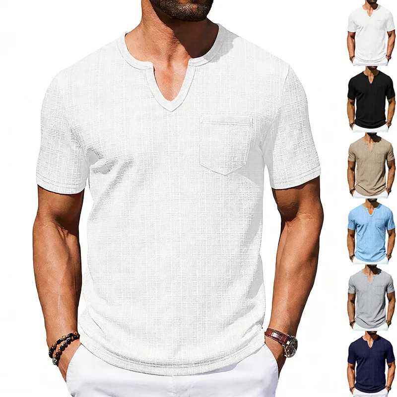 Grenzüberschreitendes, lockeres, atmungsaktives Herren-Sommer-T-Shirt aus Bambus, lässiges Hawaii-Strand-T-Shirt mit V-Ausschnitt und kurzen Ärmeln – Detail 16