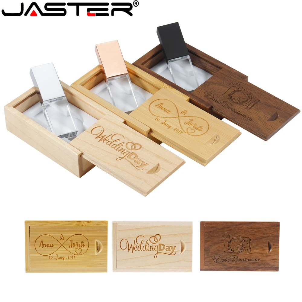 JASTER Crystal USB 2.0 Flash Drive, Wooden Box Custom Logo Memory Stick, 64GB 32GB 16GB, Creative Gift