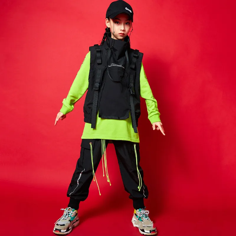 

Kids Hip Hop Sweatshirt Girls High Collar Vest Cargo Pants Clothes Sets Child Jazz Joggers Street Dance Boys Streetwear Costumes