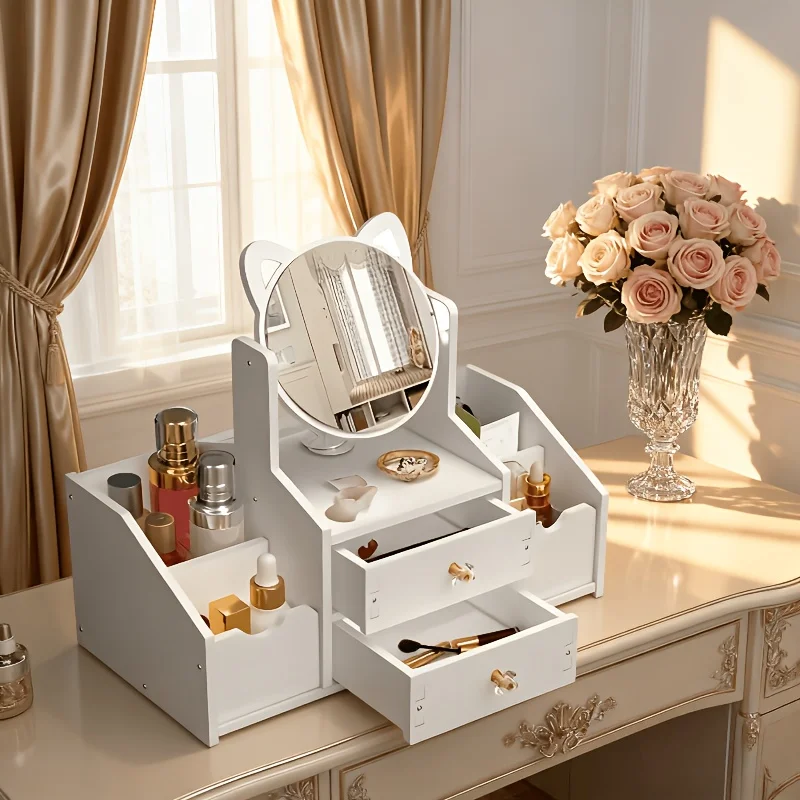 Jewelry Box, Dressing Table with Cat Ear Mirror, Perfect Choice for Home or Bedroom Organization, Durable Construction