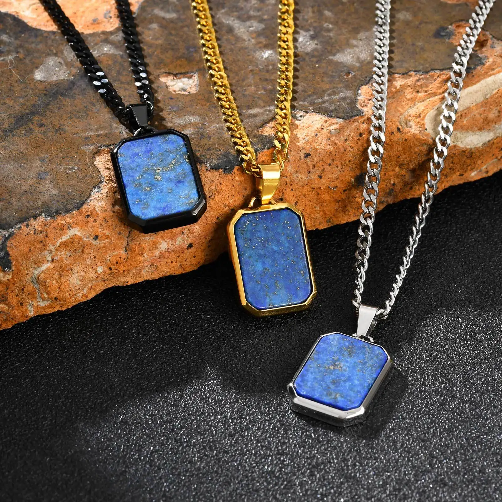 Casual Stainless Steel Men's Rectangular Necklace,Blue Natuarl Stone Lapis Lazuli Pendant,Birthday Father Anniversary Gift