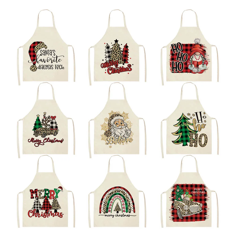 

Merry Christmas Kitchen Household Adult Antifouling Apron Sleeveless Leopard Santa Claus Printed Coverall