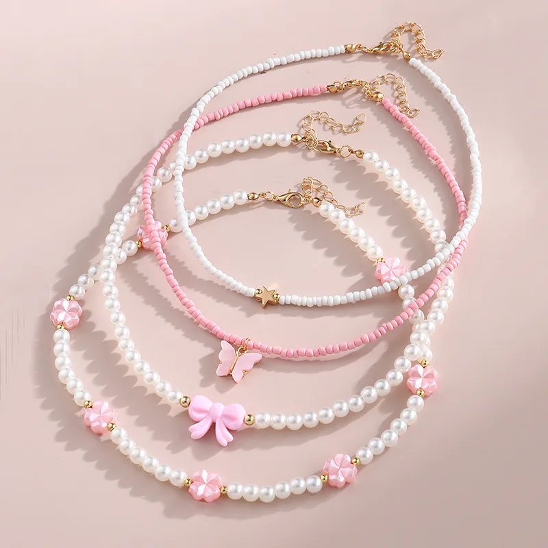 Jewelry Set Pink Love Butterfly Pendant Imitation Pearl Rice Beads Handmade Beaded Children Chain Necklace Good Friend Gift