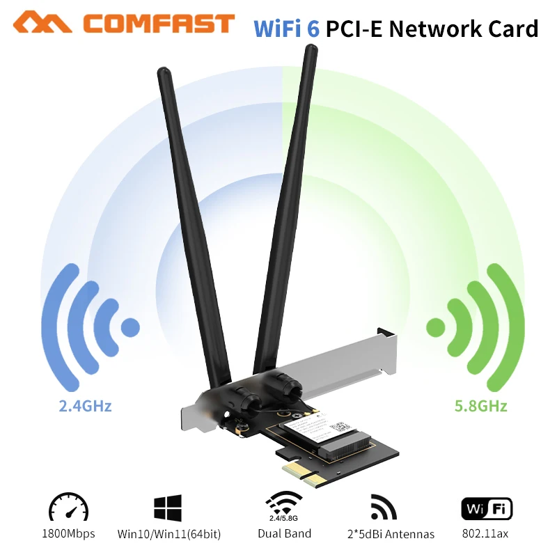 

Dual Band 1800Mbps WiFi 6 PCI- E Wireless Wifi Adapter 2.4G/5Ghz 802.11ac/AX MU-MIMO Wi-Fi 6 Network Card For Game PC Win 10/11