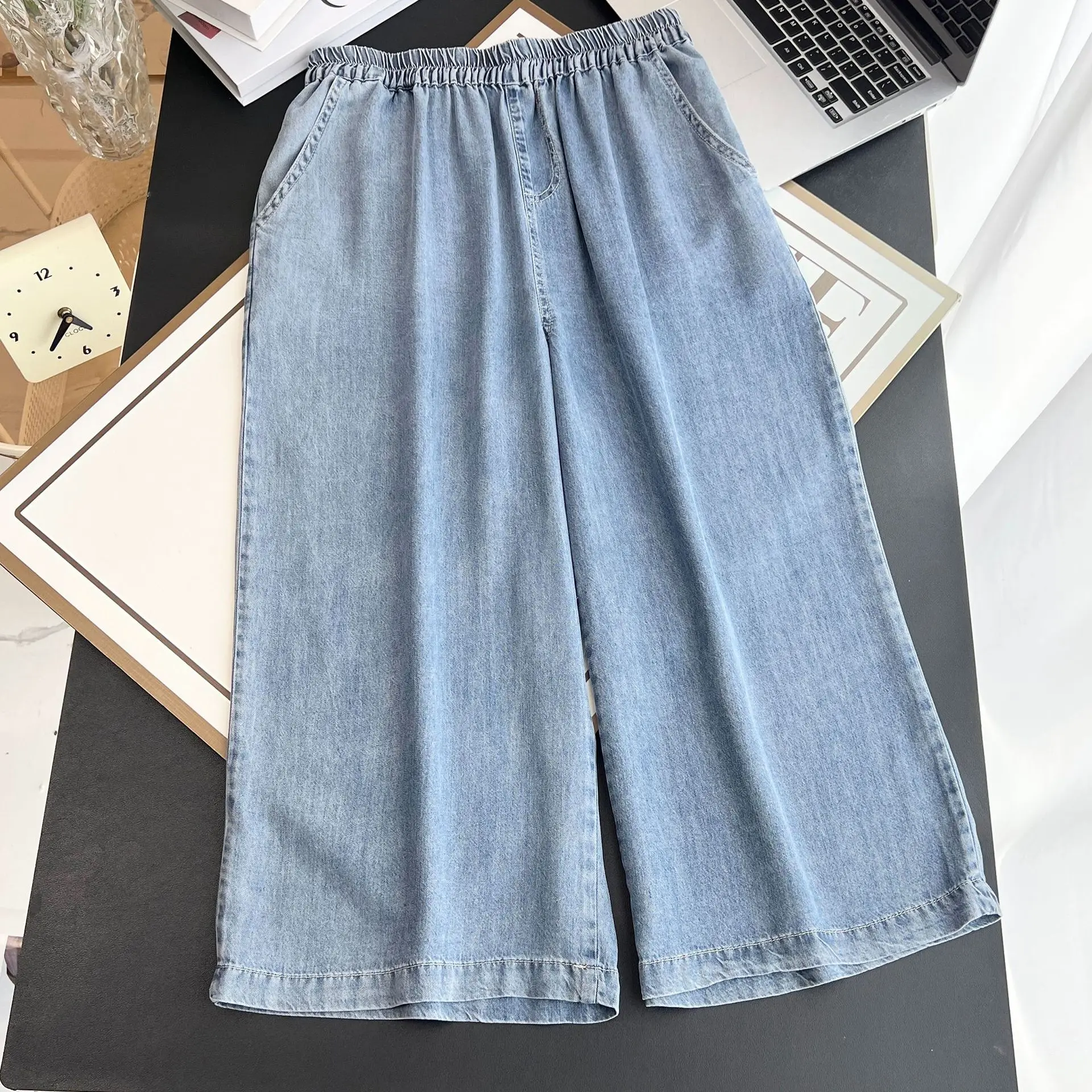Summer New Minimalist Thin Wide Leg Jeans For Plus Size Women 100KG Casual Lyocell Denim Cropped Pants 8503