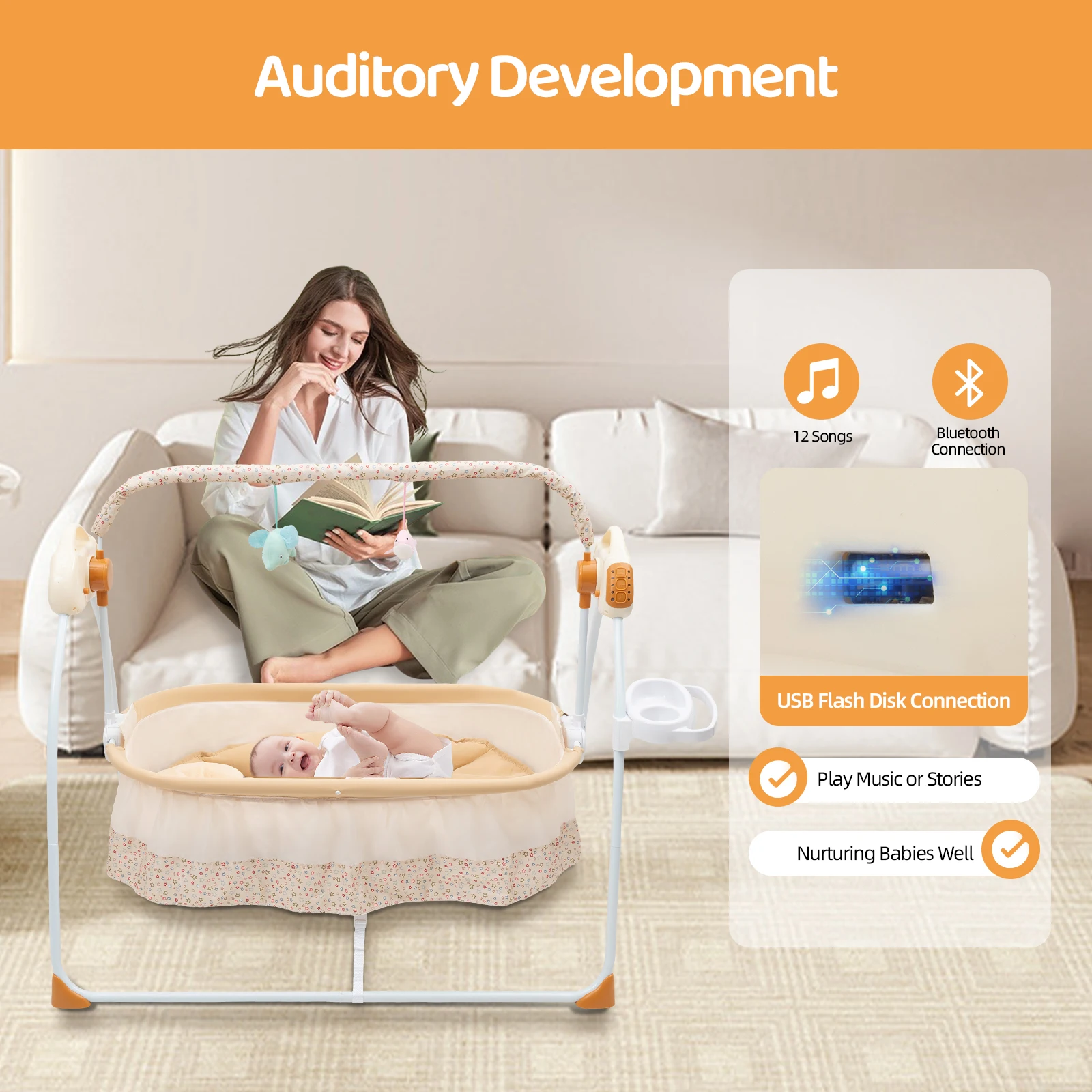 Portable Electric Bluetooth Baby Swing Cradle Bassinet Rocking Crib Infant Bed